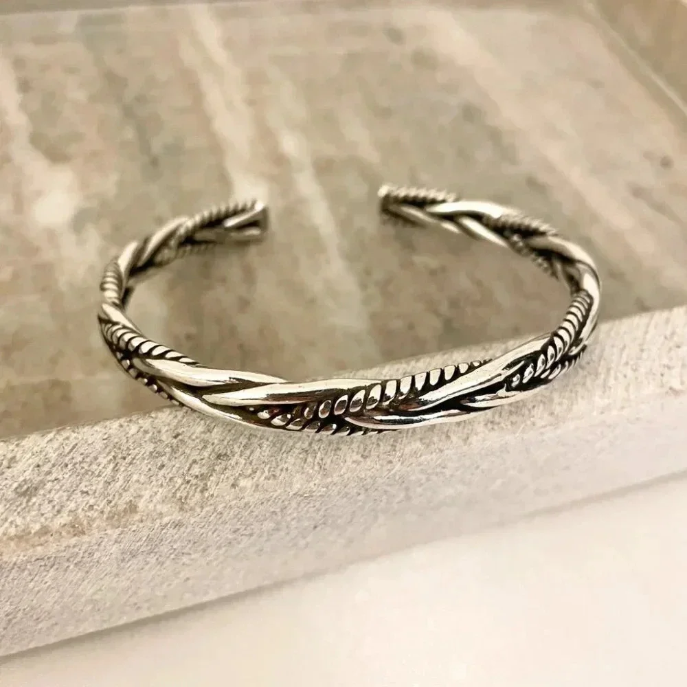 925 Sterling Silver Mens Bangle Bracelet Modern Twist Cuff Bracelet